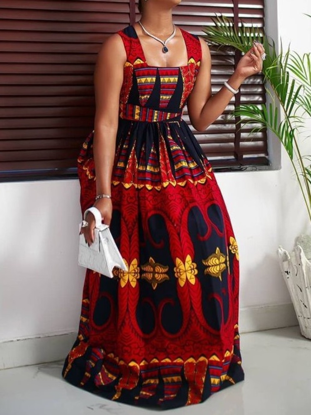 NEW Mae Otti Maxi Dress Size Large Red Blue Yellow Sleeveless African Print NWT